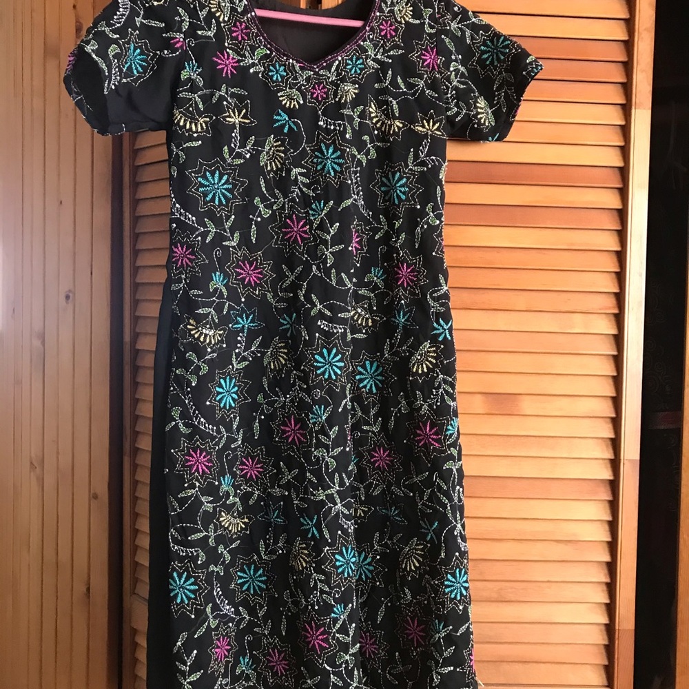 Silk Hand Embroidered Black & Multi Colored Dress